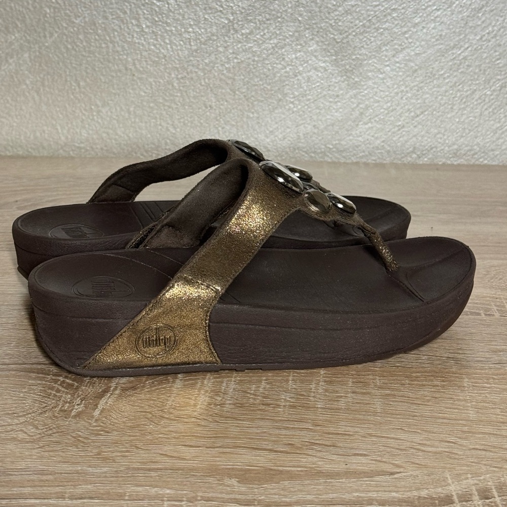 Fitflop Lunetta Women 8 Bronze Metallic Leather Rhinestone Flip Flop Sandals